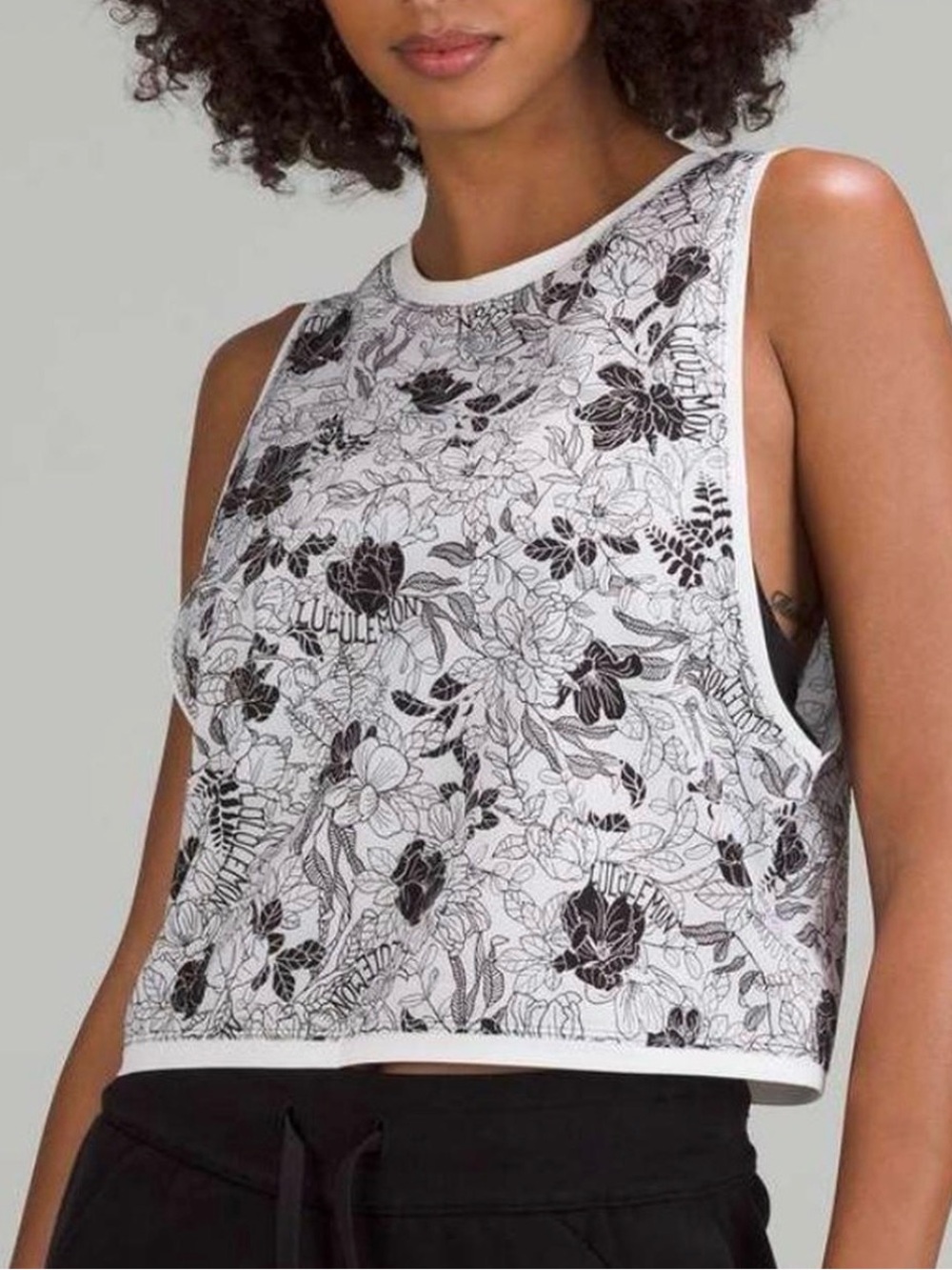 lululemon athletica White Floral Crop Tank with Black Print